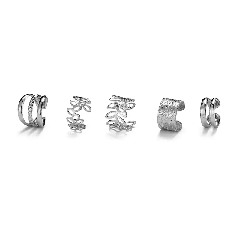 5pcs;Silver Color Leaves Clip Earrings for Women Men Creative Simple C Ear Cuff Non-Piercing Ear Ear Clip Set Trend Jewelry Gift - Image 25